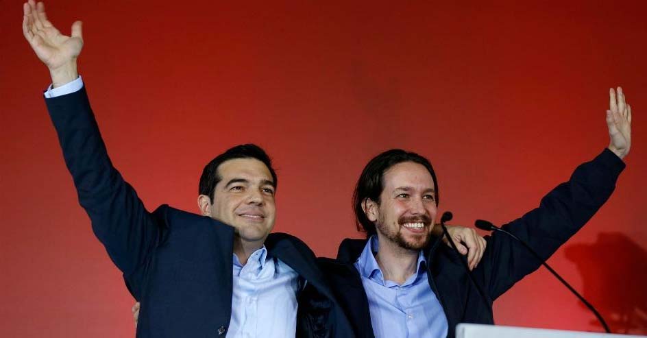 Alexis Tsipras y Pablo Iglesias celebrando la victoria de Syriza (Fuente: Wikimedia Commons)